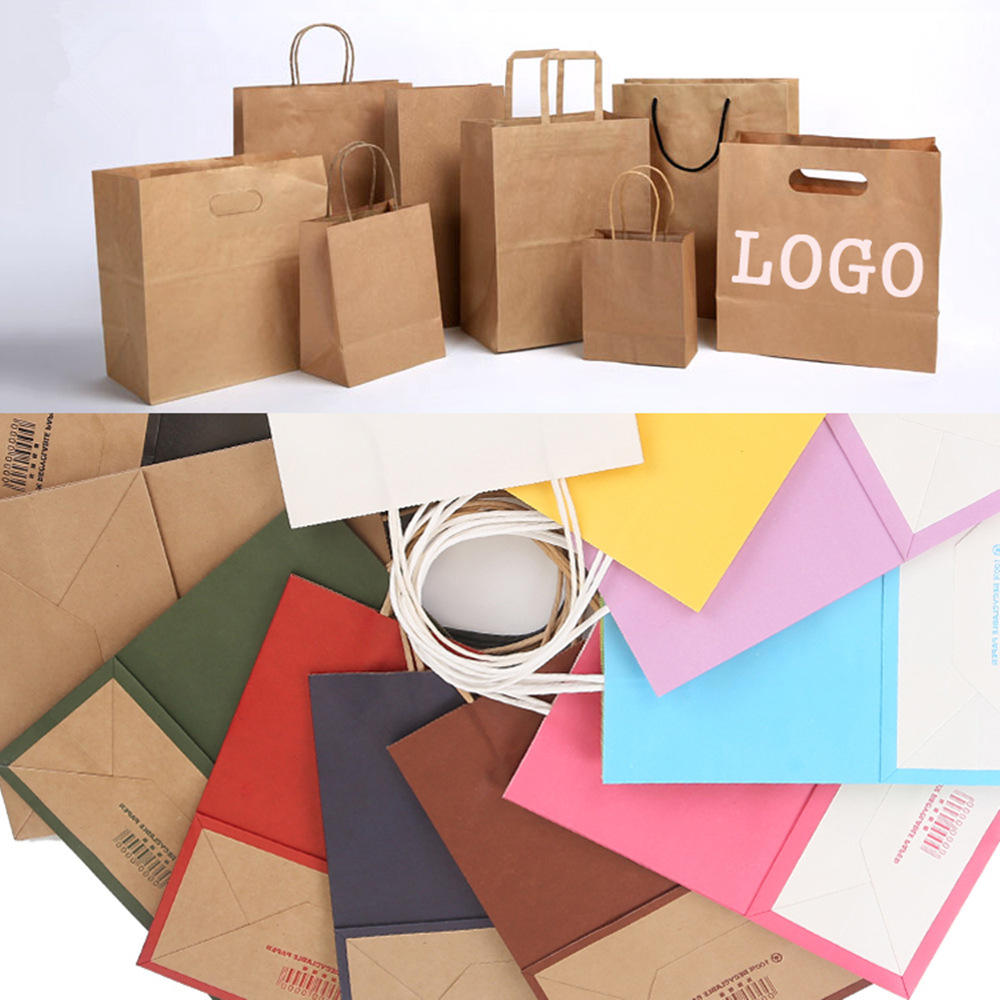Custom Printed Your Own Logo White Brown Kraft Gift Craft Shopping Paper Bag With Handles