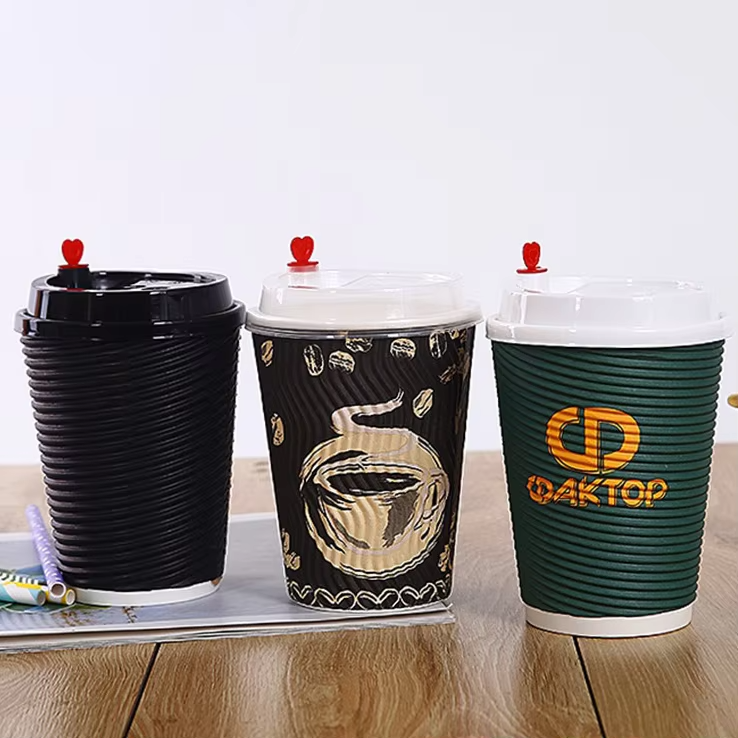 8oz 12 oz Printing Ink Corrugated Disposable Ripple Wall Coffee Paper Cup With Lids